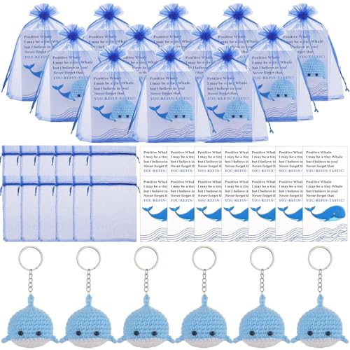 ULELE 6 Sets Handmade Crochet Whale Knitted Whale Keyring Gifts Mini Blue Crochet Whales Keychain with Inspirational Cards Organza Bags Emotional Support Gift Apperciation Gifts for Employee Coworker