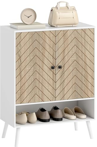 HOMCOM Schuhschrank mit 2 Türen mit Fischgrätenmuster, Schuhschrank, Eingangsbereich, mit verstellbaren Regalen, offenes Fach, für 15 Paar Schuhe, 75 x 35 x 97 cm, Weiß und Natur