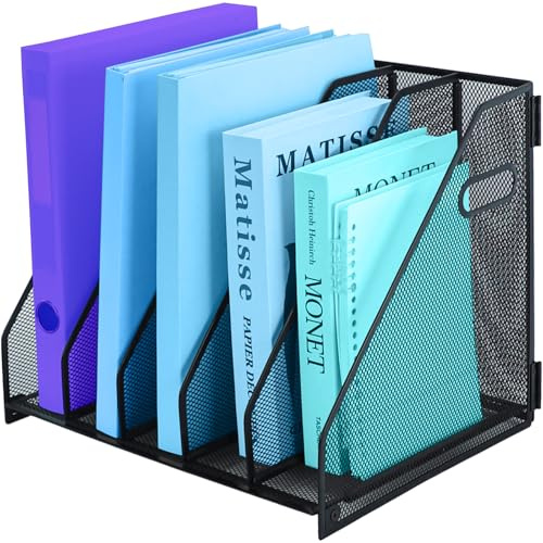 TSDRBWO Organizador de escritorio de metal para revistas con 5 compartimentos verticales, carpeta de escritorio, organizador de documentos para oficina en casa y aula, color negro