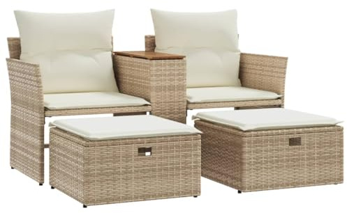 Emmtore Sofá de jardín 2 plazas con toldo y taburetes ratán PE Beige, Asiento Exterior