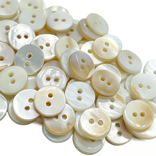80 botones de nácar de 10 mm, color blanco al óleo, brillantes – Botones de concha auténticos, 2 agujeros, planos para camisas, blusas y ropa de bebé, estructura natural, mercería, para coser