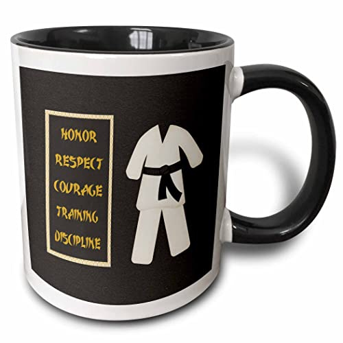 3dRose Karate Karategi Uniform Black Belt Honor Respect Courage Train Discipline 15oz Two-Tone Black Mug