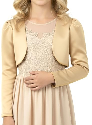 BlackButterfly Niñas Satín Manga Larga Bolero (Oro, 13-14 años)