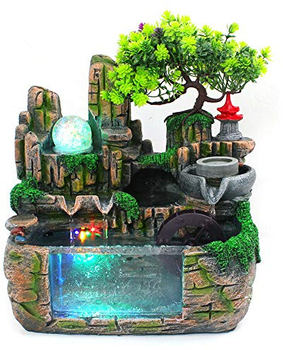 Rock rumsfontän, meditationsvattenfallsfontän med kristallkulaccent, liten rockfontän, rumsfontän med belysning LED-färgförändring simulering stenträdgård skrivbord vattenfall