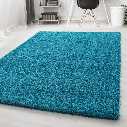 Carpetsale24 Wohnzimmer Teppich Shaggy Flokati Einfarbig 200 x 290 cm Türkis - Hochflor Schlafzimmer Pflegeleicht Super Weich - Flauschiger Langflor 50 mm Florhöhe Rechteckig