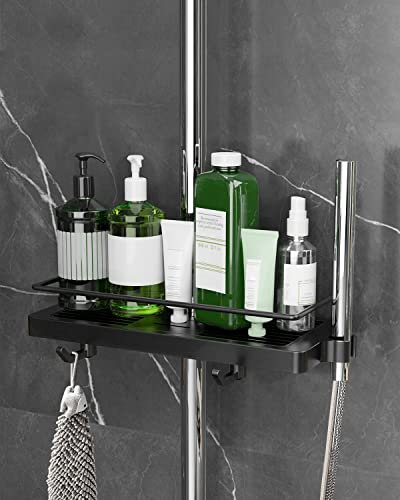 Howdah Mensola Doccia Senza Foratura Portasapone Doccia, Supporto per Accessori da Bagno con 2 Ganci e Recinzione in Acciaio Inox, Adatto per Aste da Doccia 18mm-25mm Nero