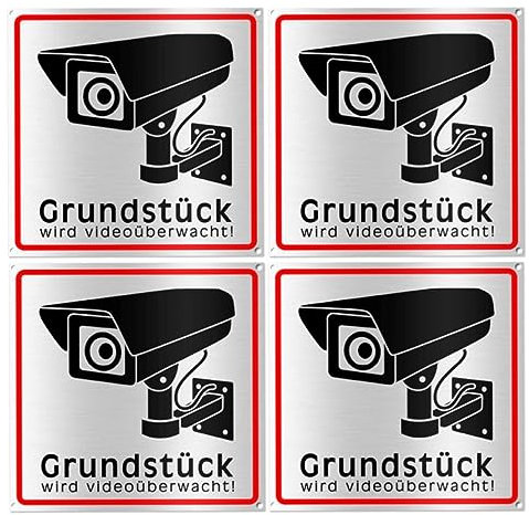 Achtung Videoüberwachung Schild, 4 Stück Videoüberwachung Privatgrundstück, Videoüberwacht Schilder für Innen und Außenbereich (15x15 cm)