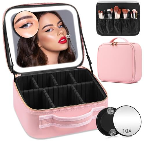 JADAZROR Make-up-Tasche mit Spiegel und Licht, Reise-Make-up-Tasche mit 3-farbigem LED-beleuchtetem Make-up-Organizer, tragbares Make-up-Etui mit verstellbaren Trennwänden, Kosmetiktasche, Geschenk