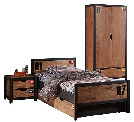 möbelando Bettanlage >Alex< in Kiefer gebürstet cognacfarbig aus Massive Kiefer