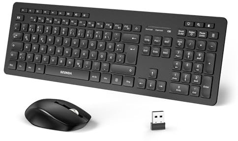 Tastatur Maus Set Kabellos, 2.4Ghz Funktastatur mit Maus und USB-Empfänger, QWERTZ-Layout, 14 Multimedia Shortcuts für Windows Laptop PC Desktop - Schwarz