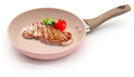 JDBlissful 16cm Padella in Alluminio, Rosa con una Maniglia di Legno, Padella Antiaderente Piccola 16cm, Padella Antiaderente Induzione in Pietra, Padelle per Piano a Induzione, per Piani Cottura