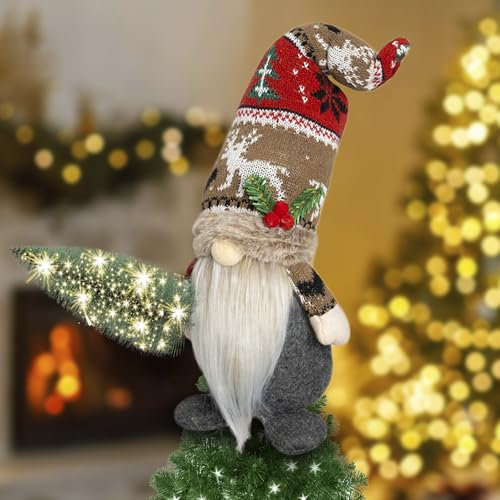 Christmas Tree Topper, Christmas Gnomes Tree Topper with Lights Tree, Christmas Gnomes Lighted Tree Topper, Elf Christmas Tree Decorations with Mini Christmas Tree Design