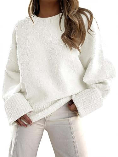Fisoew Pull en Tricot pour Femme - Col Rond - Pull d'hiver Oversized et Chaud - Haut Ample - Tricoté Moelleux - Pull décontracté pour l'automne, Blanc., XXL