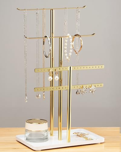 pickpiff Jewelry Stand Holder Organizer: 14.5 Sturdy Hanger for 80 Pcs Jewelry, Jewlery Tower for Display Necklace, Earring, Bracelet, Watch, Mirrored Gold