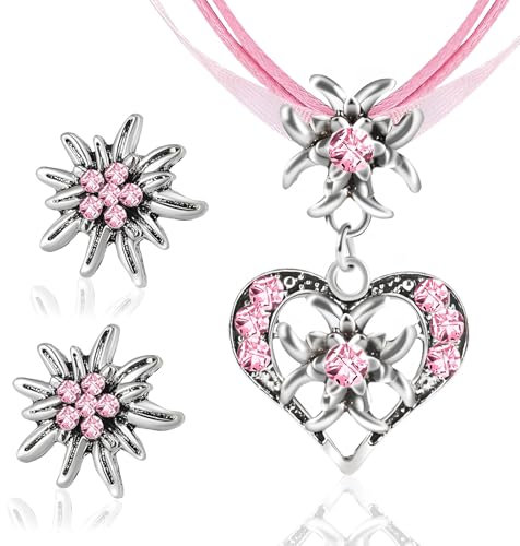 GUBOOM 3 Stück Trachtenschmuck Damen Set, Trachtenkette Damen Oktoberfest, Bayerisch Dirndlschmuck Trachtenkette, Oktoberfest Accessoires Kette Schmuck mit Herz Anhänger und Ohrstecker (Rosa)