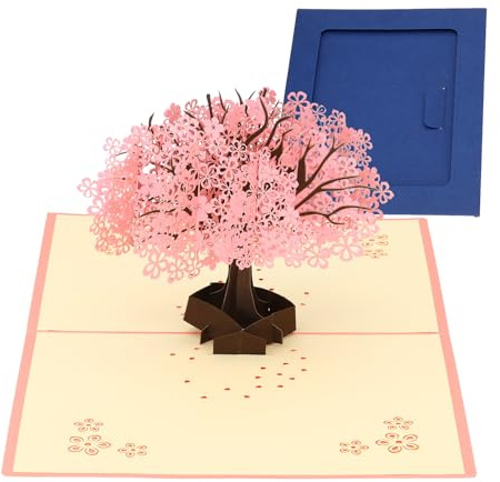 PATIKIL Gratulationskort, körsbärsträd tackkort födelsedagskort med kuvert och tomt anteckningskort 3D för kvinnor vänner årsdag alla hjärtans dag, rosa