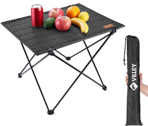 VILLEY Campingtisch Klappbar, Klapptisch Faltbar mit Aluminium und Oxford-Stoff, Kleiner Camping Falttisch 25kg Belastbar mit Tasche, Einfache Installation, Ideal für Outdoor-Küche und Angeln, Schwarz