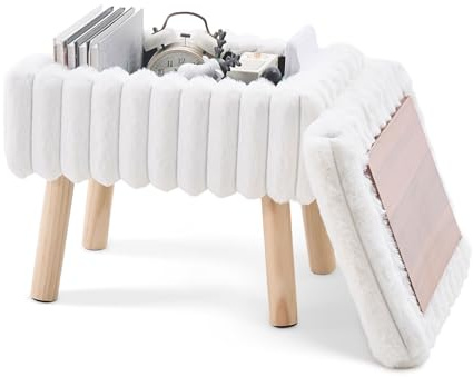 Wimarsbon Storage Ottoman,Soft Faux Fur Footstool with Padded Seat, Small Reading Vanity Chair, Footrest with Wood Tray for Couch, Mini Coffee Table or Display Stand (Cream)
