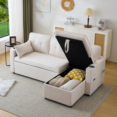 Divano letto a forma di L, divano-letto con funzione di dormire, 3 posti, design moderno, mobili imbottiti, con spazio di archiviazione e supporto per bevande