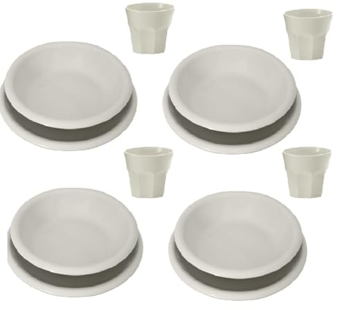 Set Piatti e Bicchieri in Plastica Dura per 4 Persone 8 Piatti 4 Bicchieri Colore bianco panna Perfetto per Campeggio, Camper e Roulotte gite montagna mare