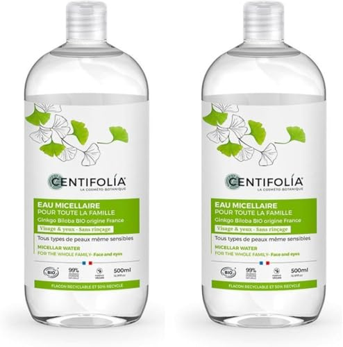 CENTIFOLIA | Eau Micellaire | Nettoyante & Démaquillante | Élimine le maquillage Waterproof | Peau Propre & Confortable | Peaux Même Sensibles | 99% Naturel | Fabriqué en France | Lot de 2x500 mL