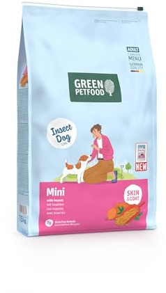Green Petfood InsectDog Mini med insekter (1 x 7,5 kg) | Adult Mini | Premium torrfoder för vuxna små hundar | sötpotatis och ärtor | kornfri | extra små kroketter | 1-pack