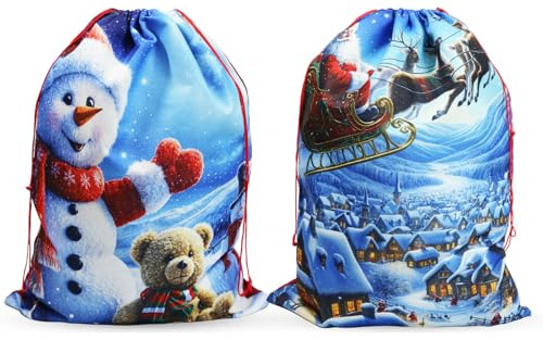 Confezione da 2 Sacchi Natalizi - Sacchetti regalo in juta con coulisse 50x70cm - Sacchi di lusso riutilizzabili per regali e decorazioni. (Slitta di Babbo Natale & Orso Pupazzo di Neve)