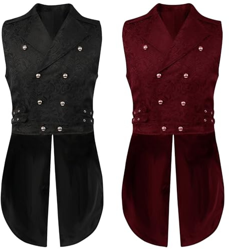 Mens Gothic Waistcoat Steampunk Tailcoat Medieval Standing Collar Coat Victorian Suit Vest Men's Classic Double Breasted Tuxedo Jacket Halloween Costume Renaissance Frock Uniform Court Clothing