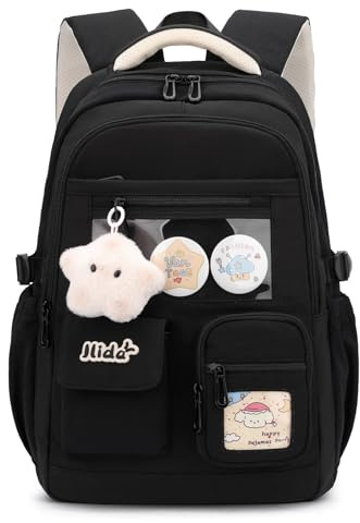 Tanou Sac à Dos pour Fille, Cartable Adolescent en Polyester Imperméable | Grande Capacité Sacs Scolaires Filles Tendance avec Pendentif Étoile pour École Primaire et College, Noir