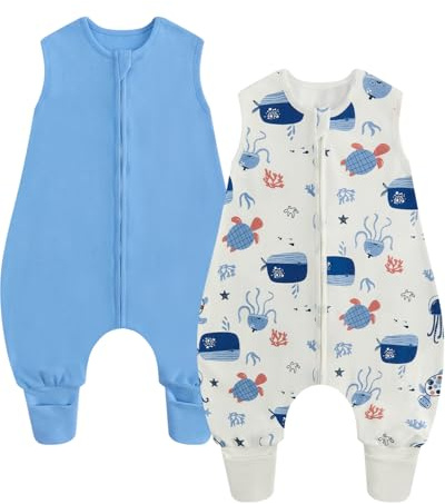 WYTbaby Sacco a pelo con piedi, 0,5 Tog, confezione da 2 pezzi, sacco a pelo per bambini, 100% cotone, senza maniche, per tutto l'anno, per ragazzi e ragazze, blu medusa 70 cm