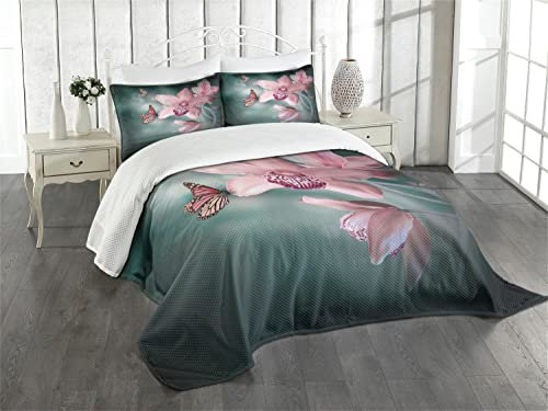 ABAKUHAUS Blumen Tagesdecke Set, Orchideen-Blume Schmetterling, Set mit Kissenbezügen Waschbar, für Doppelbetten 264 x 220 cm, Jadegrün Baby