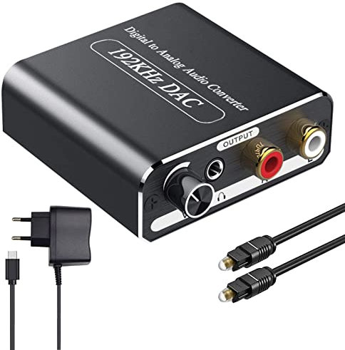 DA Wandler Ozvavzk 192kHz DAC Konverter Lautstärkeregler Digital zu Analog Audio Wandler SPDIF Koaxial Toslink zu Analog L/R 3,5 mm Audio mit Optischem Kabel für HDTV DVD Blu-ray Sky Spielekonsole