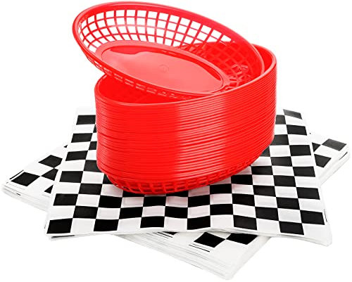 Kingrol 250 Checkered Deli Liners and 30 Red Fast Food Baskets, 8.9 x 5.6 x 1.5 Inch Oval Plastic Platter for Restaurant BBQ Party Supplies, Home Office School Storage Basket Bins