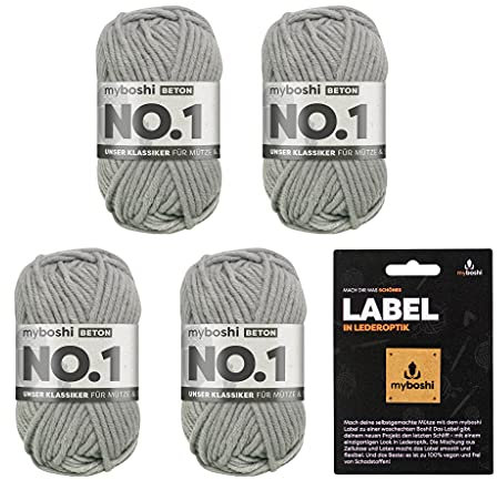 myboshi No.1 Wolle zum Häkeln und Stricken, Schnellstrickgarn, inkl. Label, Strickwolle, Häkelwolle, mulesing-frei, Ll. 55m /50g, 30% Wolle (Merinowolle) Grau (Beton), 4 Knäuel