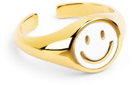 SINGULARU - Anillo Smiley White Enamel. Ajustable. Latón con Acabado Baño de Oro de 18 Kt. Talla Unica. Joyas para Mujer