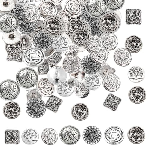 OLYCRAFT 70Pcs Hole Alloy Shank Buttons Antique Silver Flower Tree Metal Button Vintage Pattern Decorative Buttons Metal Blazer Button Set for Coat Sewing Crafts Decorations