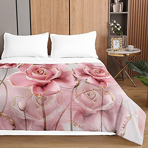 Chickwin Tagesdecke Bettüberwurf, Rose Drucken Tagesdecken mit Prägemuster Gesteppt Steppdecke Überwurf Wohndecke aus Mikrofaser (220x240cm,Pinke Rose)