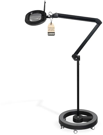 Lumeno 8613SW Lupenleuchte Arbeitsplatzlampe mit großer ovalen Linse 110x150 mm, 60 LEDs in 2 Stufen dimmbar, perfekt als Lesehilfe, für die Kosmetik, zum Löten, 3 Dioptrien schwarz mit Rollstativ