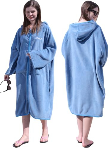 Hiturbo Surf Poncho Zipper Towel Hoodie: Oversized Hooded Wetsuit Changing Robe with Pocket - Plush Coral Fleece Swimwear for Home Beach Pool Bath - Blue