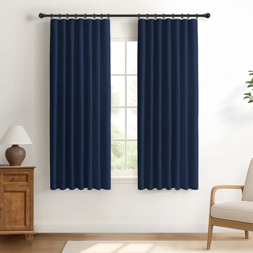 DEFYNEE 100% Blackout Curtains for Bedroom, 2 Panel Set, Thermal Insulated Faux Linen Curtains with Clip Rings and Rod Pocket, W50 x L63 Inch, Midnight Blue