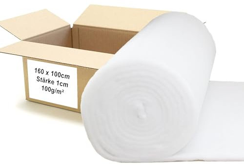 Lederkonzept 1m Polsterwatte Volumenvlies 100g/m², 1m breit x 1,60 lang, ca. 10 mm dick, 1,60 m², 100% Polyester, waschbar, Produktklasse 1, Patchworkvlies, Polstervlies