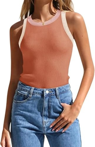 Sukiglam Camisetas sin Mangas Mujer Costilla De Punto Camiseta Verano Básica Tops Deportivas Cuello Redondo Chalecos Top Sexy Racerback Blusas Suave Transpirable Elástico Slim Fit Camisola Shirt