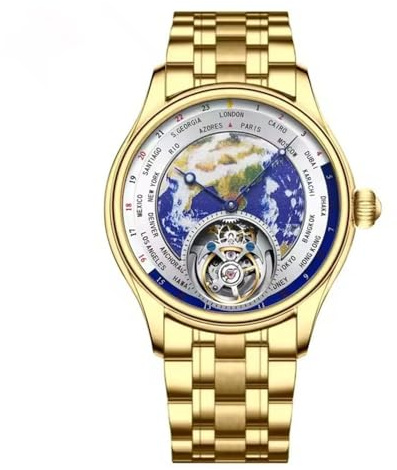 JDLERMY Reloj de pulsera para hombre con movimiento Tourbillon real, diseño de tierra, esfera mecánica, cristal de zafiro esmaltado, doble cara, hueco, impermeable, luminoso, Acero dorado, Clásico