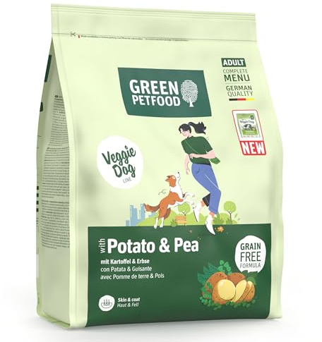 Green Petfood VeggieDog con patata e pisello (1 x 900 g) | Adult | cibo secco di alta qualità per cani adulti sensibili | vegetariani e senza cereali | con deliziosa pasta di patata dolce | confezione