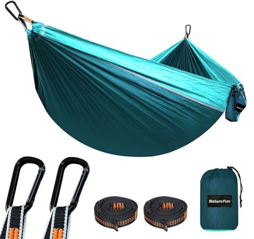 NATUREFUN Ultraleichte Reise Camping Hängematte | 300kg Tragkraft (275 x 140 cm) Atmungsaktiv, Schnelltrocknendes Fallschirm Nylon | 2 x Premium Karabiner,2 x Schlingen| Drinnen Draußen Garten
