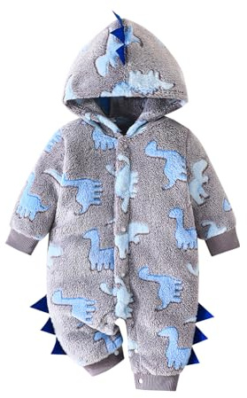 Carolilly Baby Boys Dinosaur Outfits Winter Warm Snowsuit Infant Baby Jumpsuit Newborn Coat Front Button Long Sleeve Bodysuits Toddler Clothes Casual (Grey, 0-3 Months)