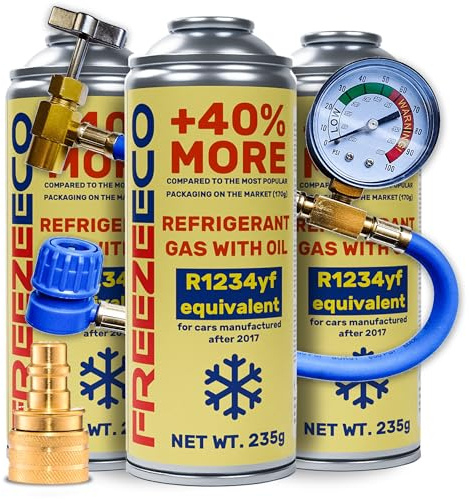 FREEZECO 2 en 1-3 latas de refrigerante de repuesto R1234yf con aceite de llenado de aire acondicionado para vehículos a partir de 2016, 235 g + manguera de presión con manómetro + adaptador YF