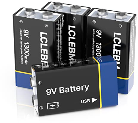 9V Rechargeable Batteries par USB-C, 1300mAh 9V Lithium Rechargeables Piles Li-ION 9 Volt Longue durée pour détecteurs de fumée, Microphones sans Fil, Lampes de Poche - Lot de 4