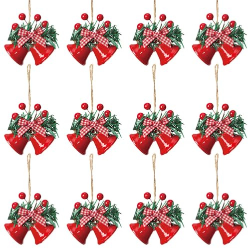 DONGKER Adornos navideños, 12 Campanas navideñas de Metal Dorado, Adornos navideños con Cinta roja y Bayas como Adornos para el árbol de Navidad