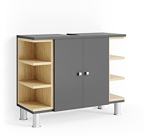Vicco Waschbeckenunterschrank Aquis, Waschtischunterschrank, Anthrazit/Sonoma, 79 x 64 cm